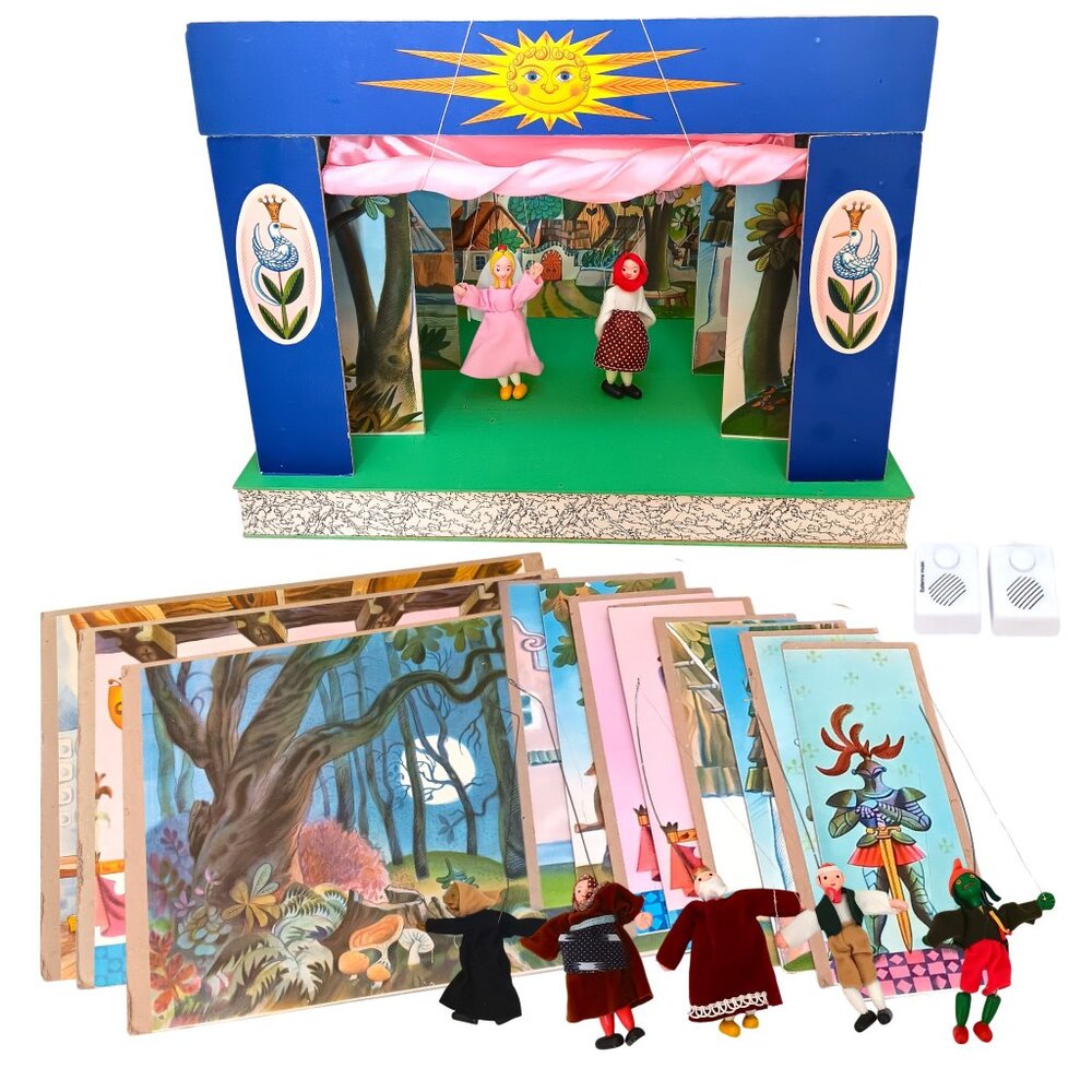 VINTAGE JAS Fantasy Puppet Show Theatre Set 1970 Czech - 7 Puppets - 2 Sounds